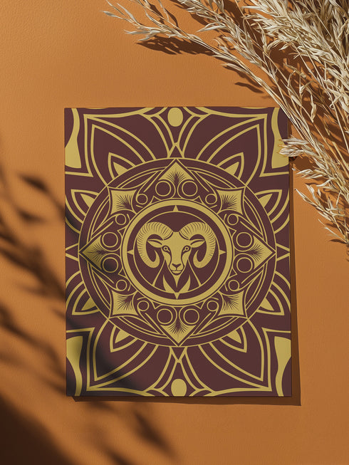 Luxurious burgundy and gold Art Deco birthday card featuring stylized Ram design with geometric patterns. Contains Aries fire ritual. Perfect for astrology enthusiasts who appreciate bold, sophisticated artwork.